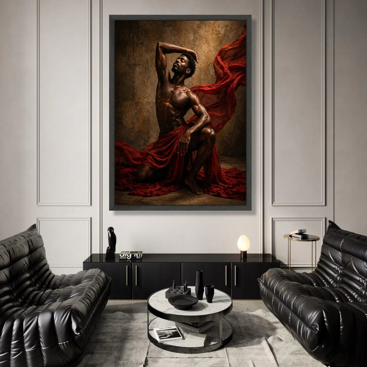 Dynamic Male Dance Pose Canvas, Artistic Body Expression Wall Art, Muscular Figure with Flowing Red Fabric, Dramatic Home Canvas Print Art