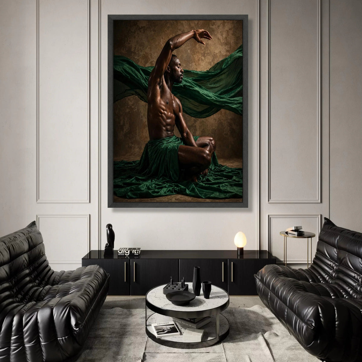 Expressive Male Dancer Pose Canvas, Artistic Human Form Wall Art, Fluid Movement Canvas, Green Draped Fabric Decoration Canvas Print Art