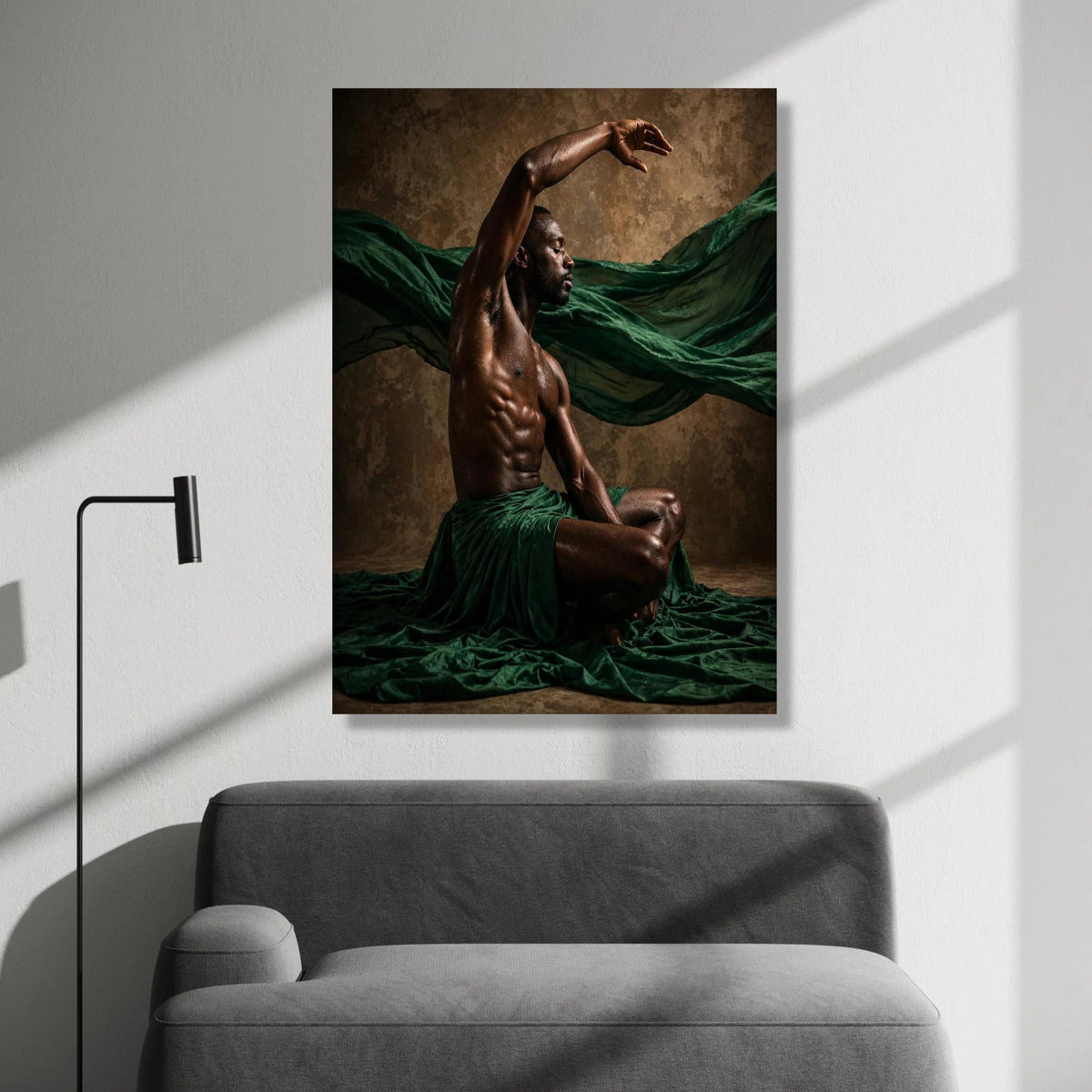 Expressive Male Dancer Pose Canvas, Artistic Human Form Wall Art, Fluid Movement Canvas, Green Draped Fabric Decoration Canvas Print Art