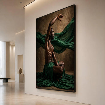 Expressive Male Dancer Pose Canvas, Artistic Human Form Wall Art, Fluid Movement Canvas, Green Draped Fabric Decoration Canvas Print Art