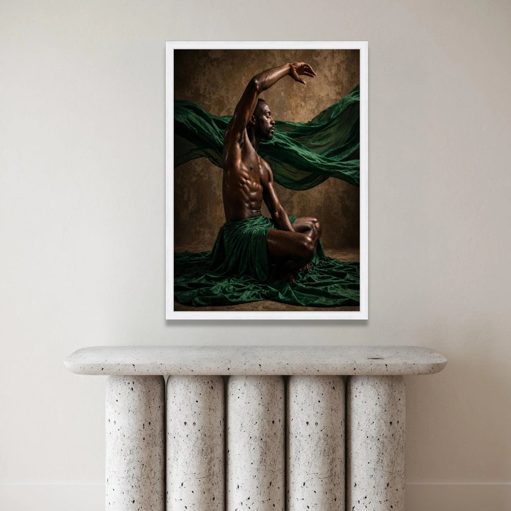 Expressive Male Dancer Pose Canvas, Artistic Human Form Wall Art, Fluid Movement Canvas, Green Draped Fabric Decoration Canvas Print Art