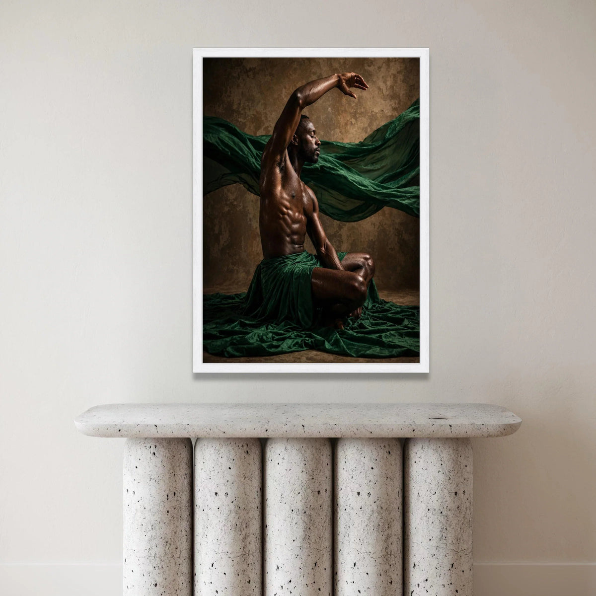 Expressive Male Dancer Pose Canvas, Artistic Human Form Wall Art, Fluid Movement Canvas, Green Draped Fabric Decoration Canvas Print Art