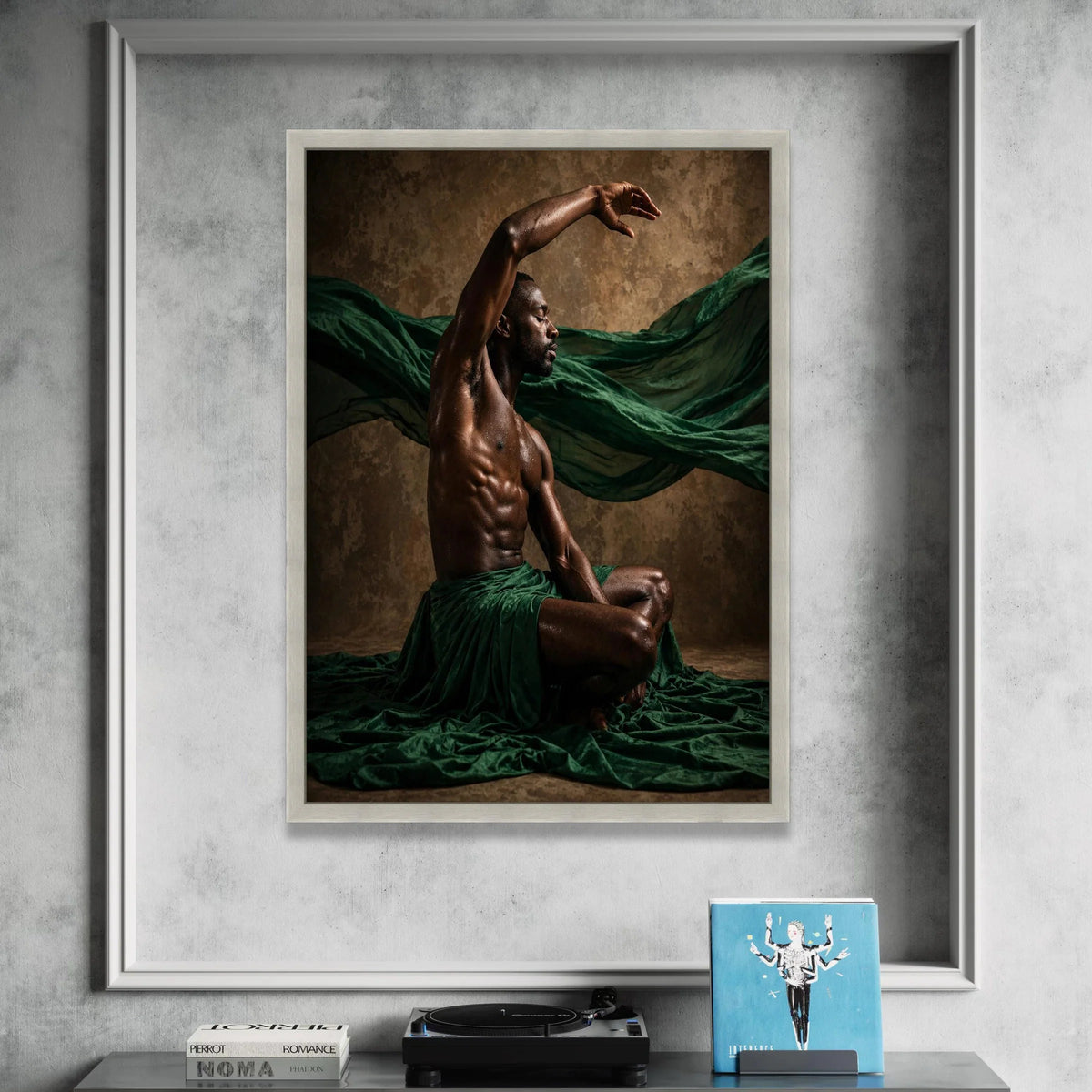 Expressive Male Dancer Pose Canvas, Artistic Human Form Wall Art, Fluid Movement Canvas, Green Draped Fabric Decoration Canvas Print Art