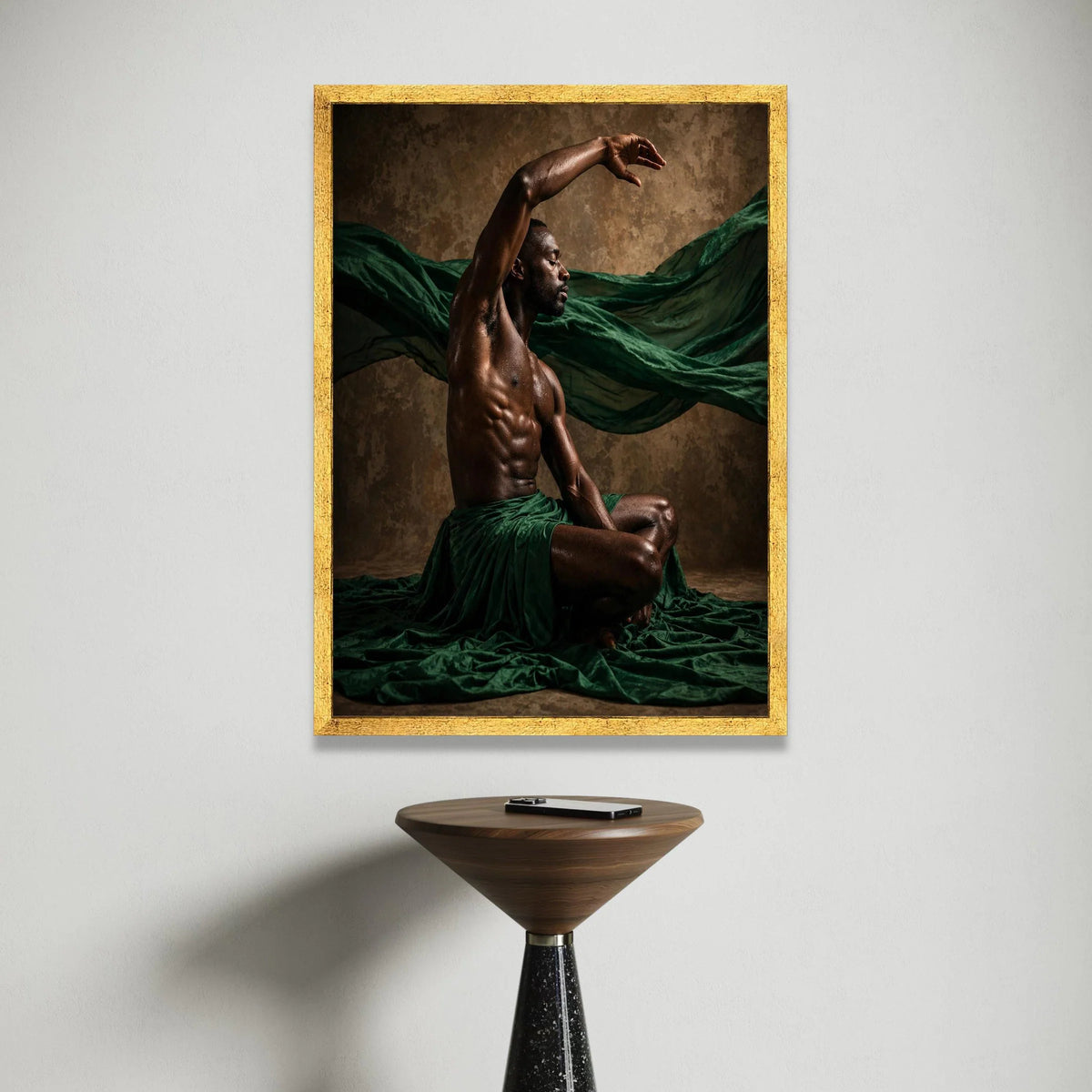 Expressive Male Dancer Pose Canvas, Artistic Human Form Wall Art, Fluid Movement Canvas, Green Draped Fabric Decoration Canvas Print Art