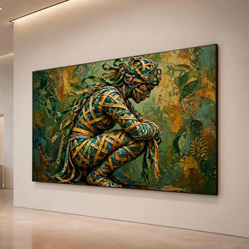 Abstract Warrior Woman Canvas, Colorful Ribbon Figure Art, Modern Tribal Design, Unique Female Portrait Canvas, Canvas Print Art