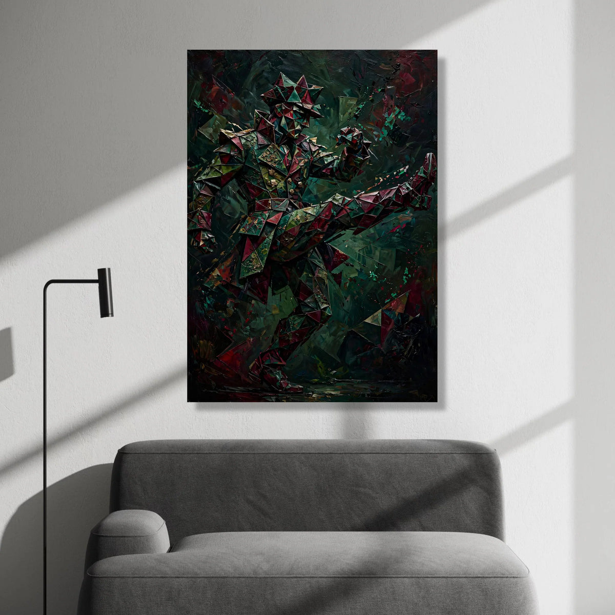 Abstract Geometric Soldier Canvas Wall Art, Modern Futuristic Figure Painting, Dark Toned Home Decor, Triangular Pattern Canvas Print Art