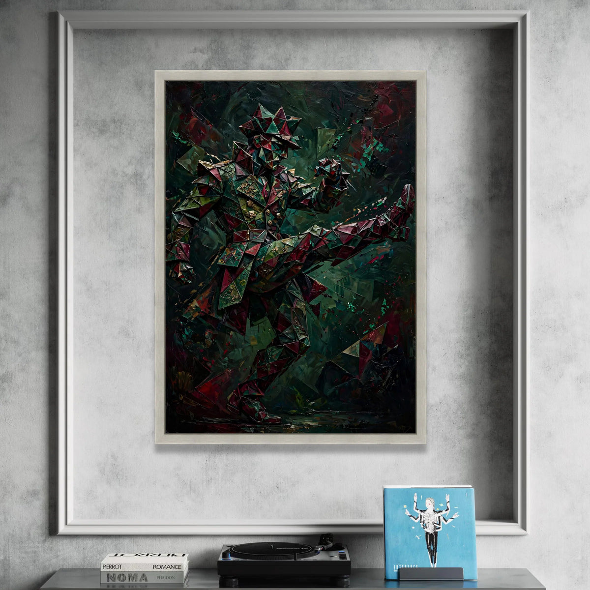 Abstract Geometric Soldier Canvas Wall Art, Modern Futuristic Figure Painting, Dark Toned Home Decor, Triangular Pattern Canvas Print Art