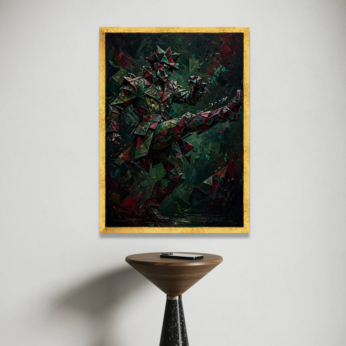 Abstract Geometric Soldier Canvas Wall Art, Modern Futuristic Figure Painting, Dark Toned Home Decor, Triangular Pattern Canvas Print Art