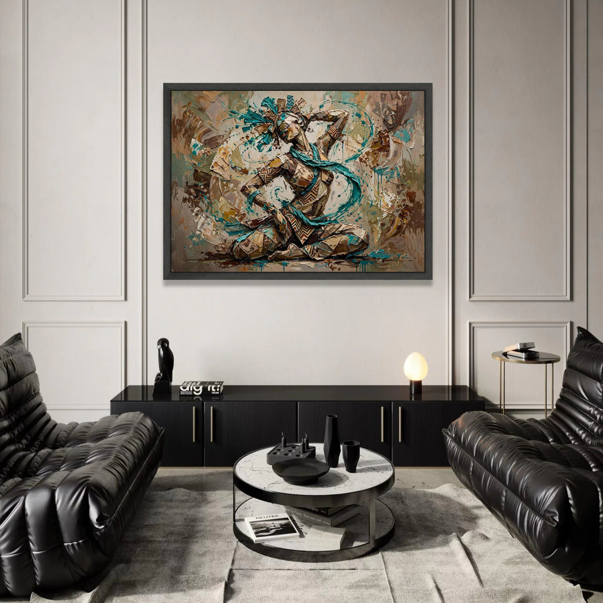 Energetic Tribal Dance Woman Canvas, Ethnic Culture Wall Art, Blue Accent Abstract Figure, Home Decoration Canvas, Modern Canvas Print Art