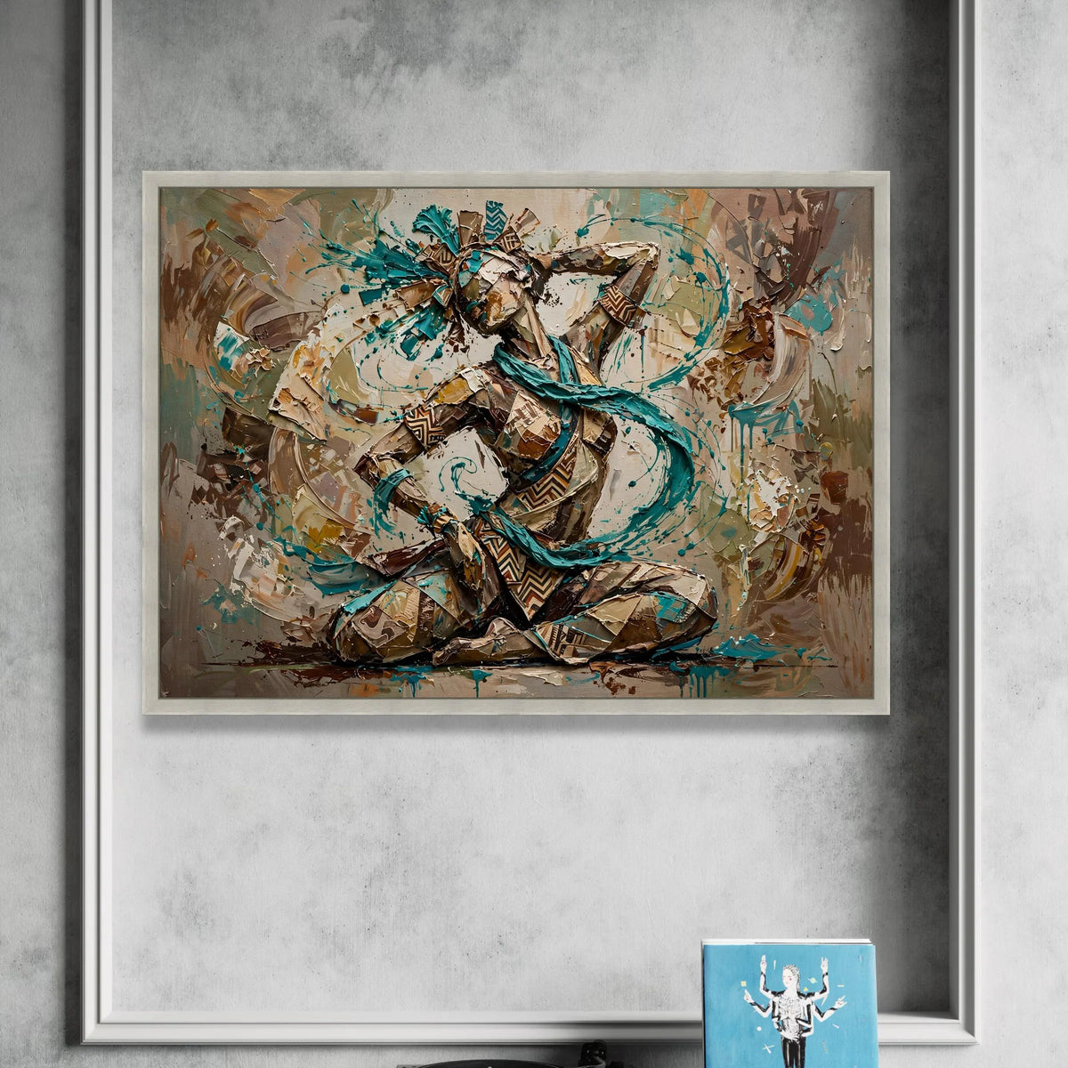 Energetic Tribal Dance Woman Canvas, Ethnic Culture Wall Art, Blue Accent Abstract Figure, Home Decoration Canvas, Modern Canvas Print Art