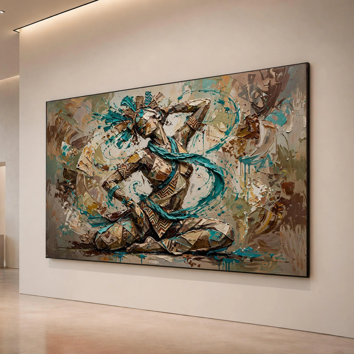 Energetic Tribal Dance Woman Canvas, Ethnic Culture Wall Art, Blue Accent Abstract Figure, Home Decoration Canvas, Modern Canvas Print Art