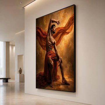 Dynamic Male Dance Pose Canvas, Muscular Man Art, Flowing Orange Fabric Canvas, Dramatic Lighting Wall Art, Artistic Home Canvas Print Art