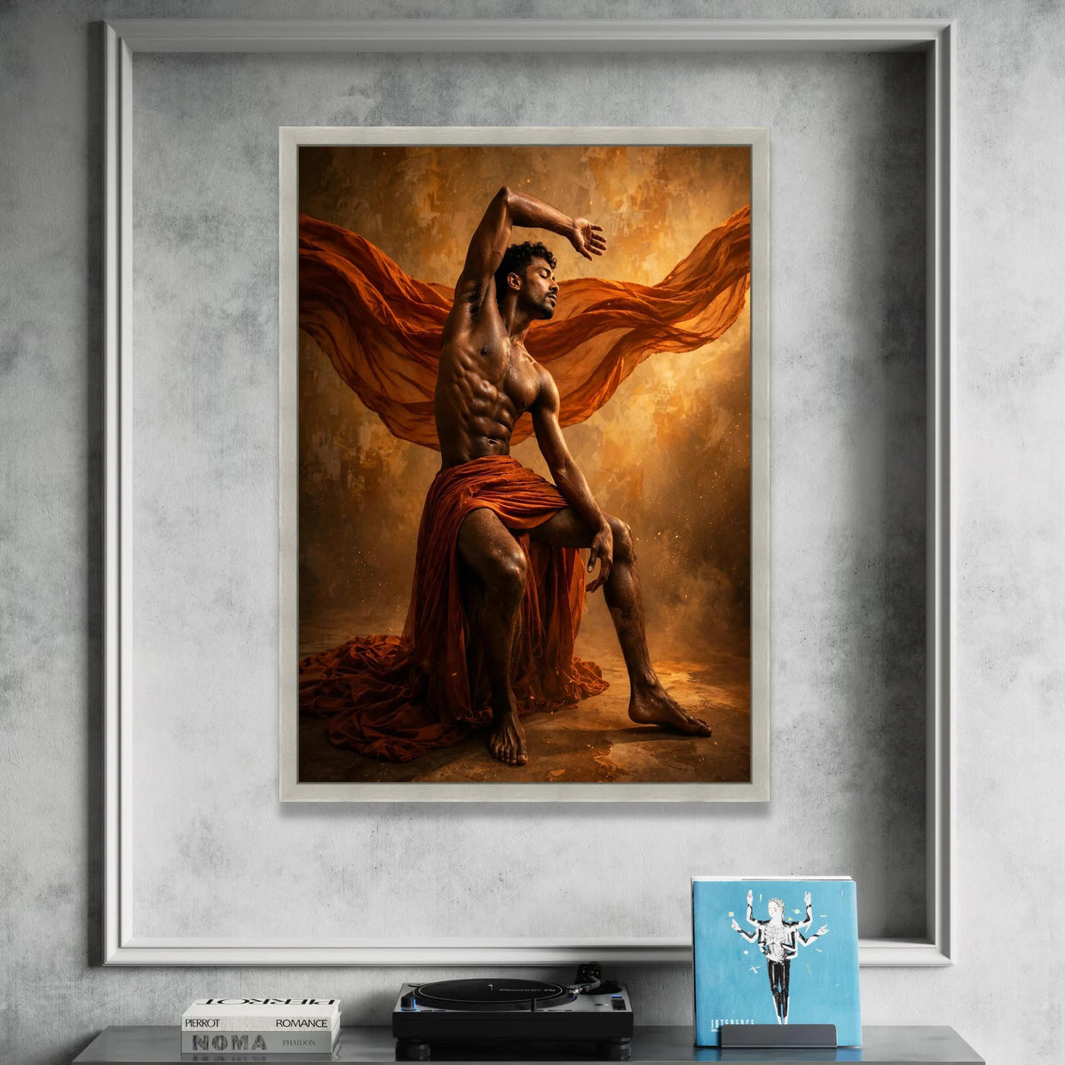 Dynamic Male Dance Pose Canvas, Muscular Man Art, Flowing Orange Fabric Canvas, Dramatic Lighting Wall Art, Artistic Home Canvas Print Art