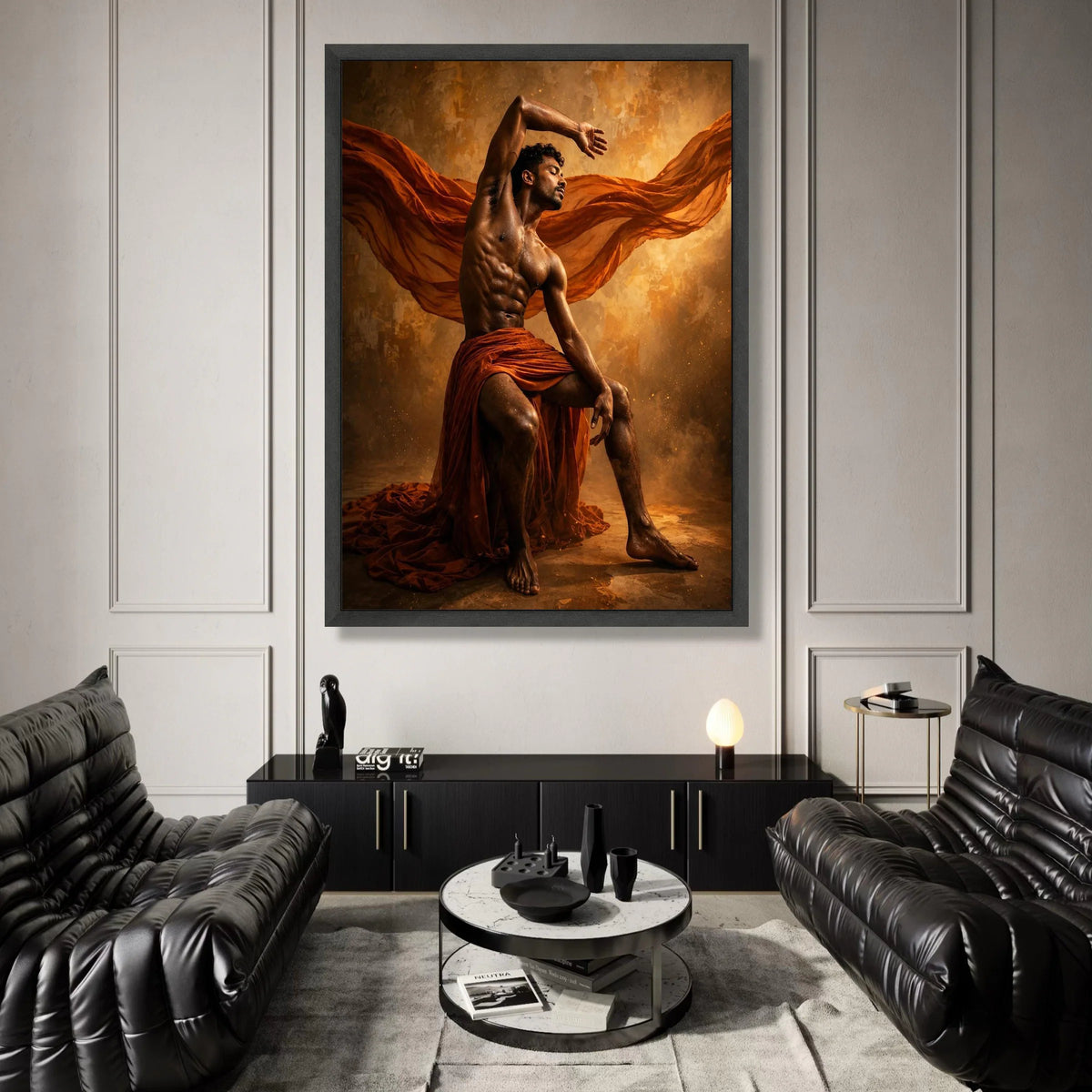 Dynamic Male Dance Pose Canvas, Muscular Man Art, Flowing Orange Fabric Canvas, Dramatic Lighting Wall Art, Artistic Home Canvas Print Art