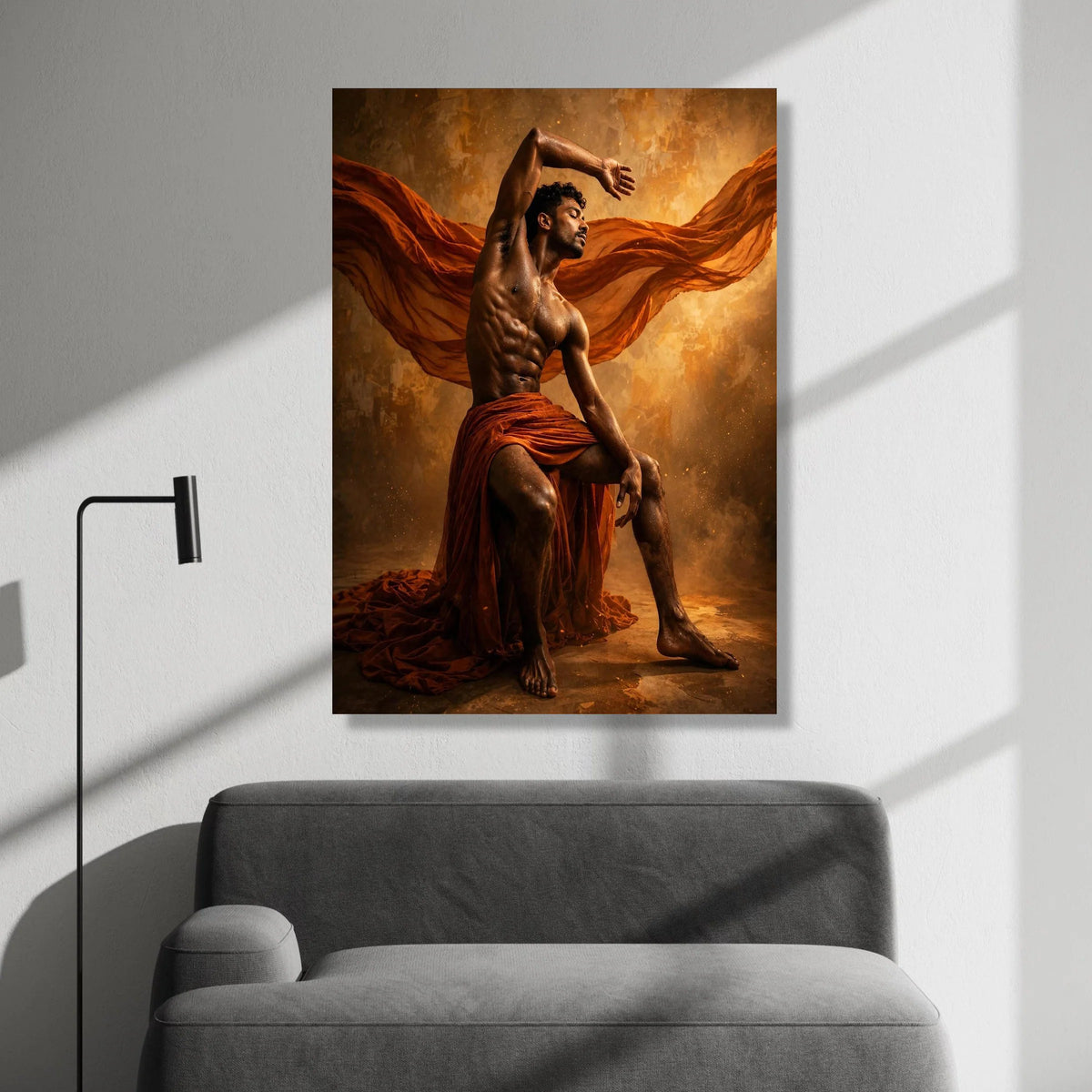 Dynamic Male Dance Pose Canvas, Muscular Man Art, Flowing Orange Fabric Canvas, Dramatic Lighting Wall Art, Artistic Home Canvas Print Art