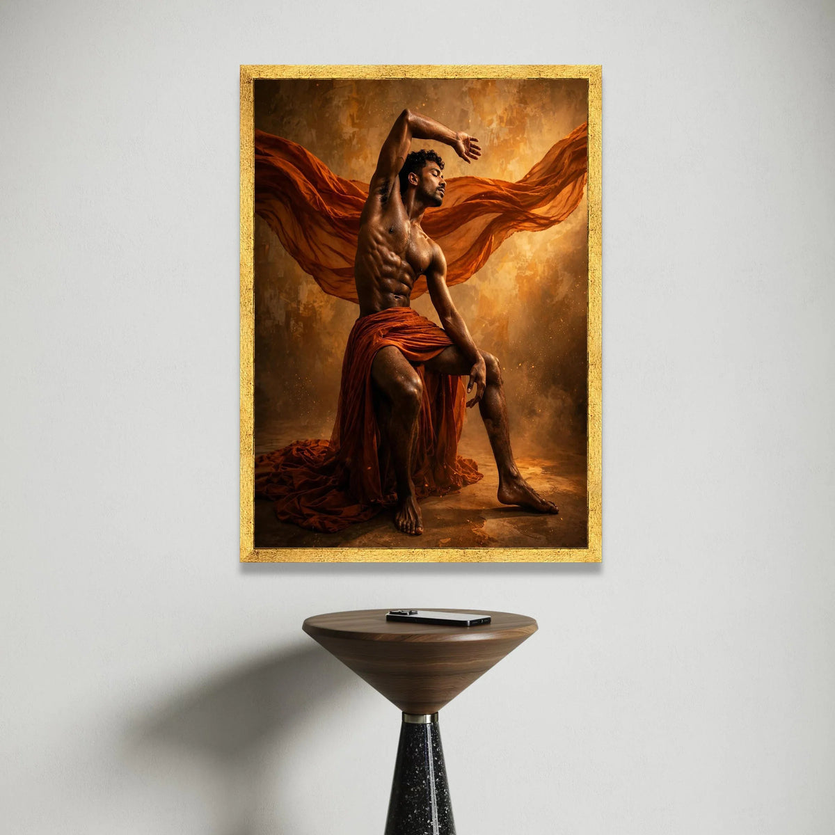 Dynamic Male Dance Pose Canvas, Muscular Man Art, Flowing Orange Fabric Canvas, Dramatic Lighting Wall Art, Artistic Home Canvas Print Art