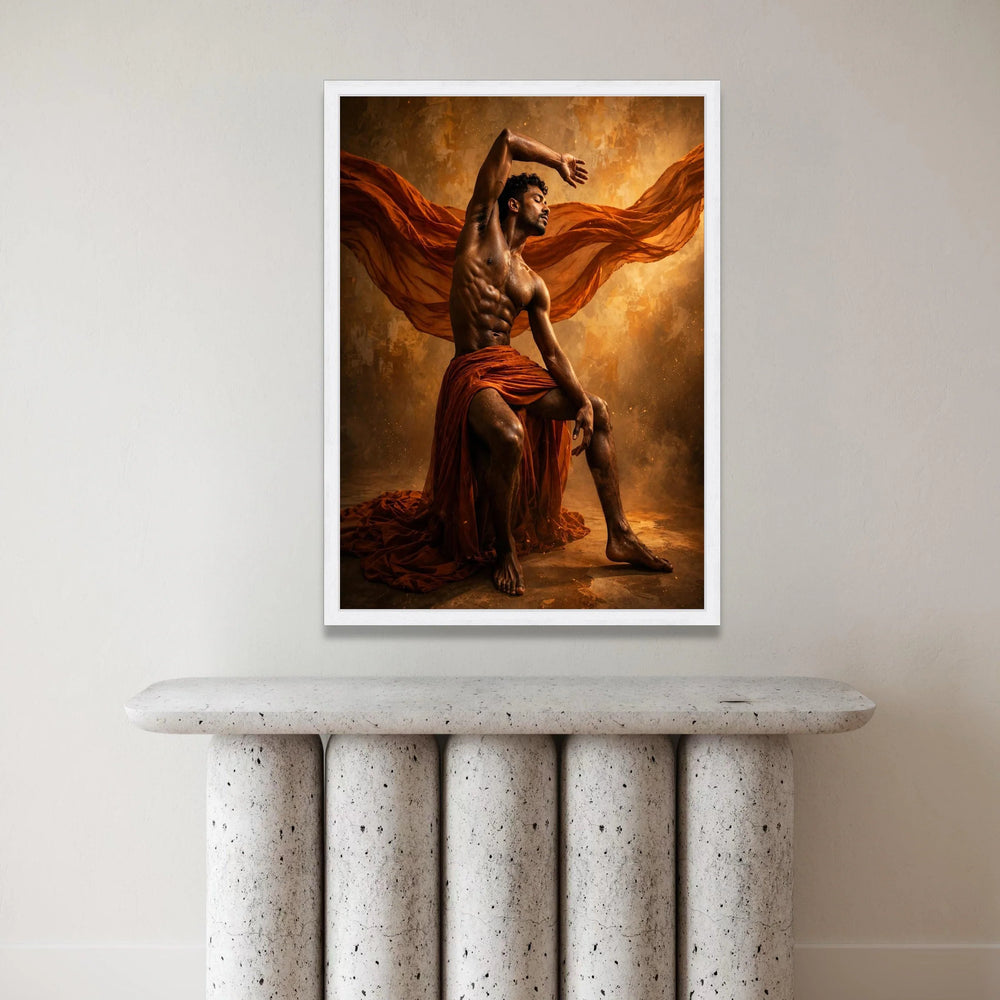 Dynamic Male Dance Pose Canvas, Muscular Man Art, Flowing Orange Fabric Canvas, Dramatic Lighting Wall Art, Artistic Home Canvas Print Art