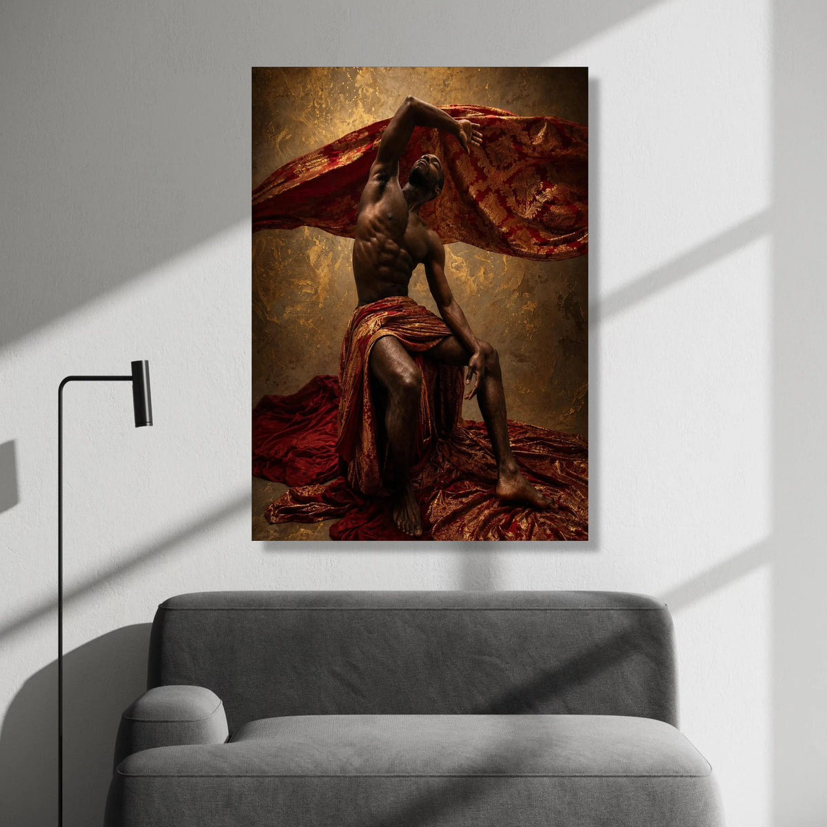 Elegant Male Figure Draped Red and Gold Fabric, Artistic Canvas Wall Art, Dramatic Pose Home Decoration, Statement Canvas Canvas Print Art