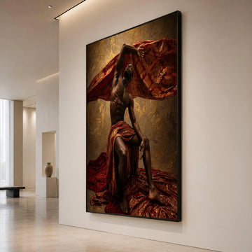 Elegant Male Figure Draped Red and Gold Fabric, Artistic Canvas Wall Art, Dramatic Pose Home Decoration, Statement Canvas Canvas Print Art