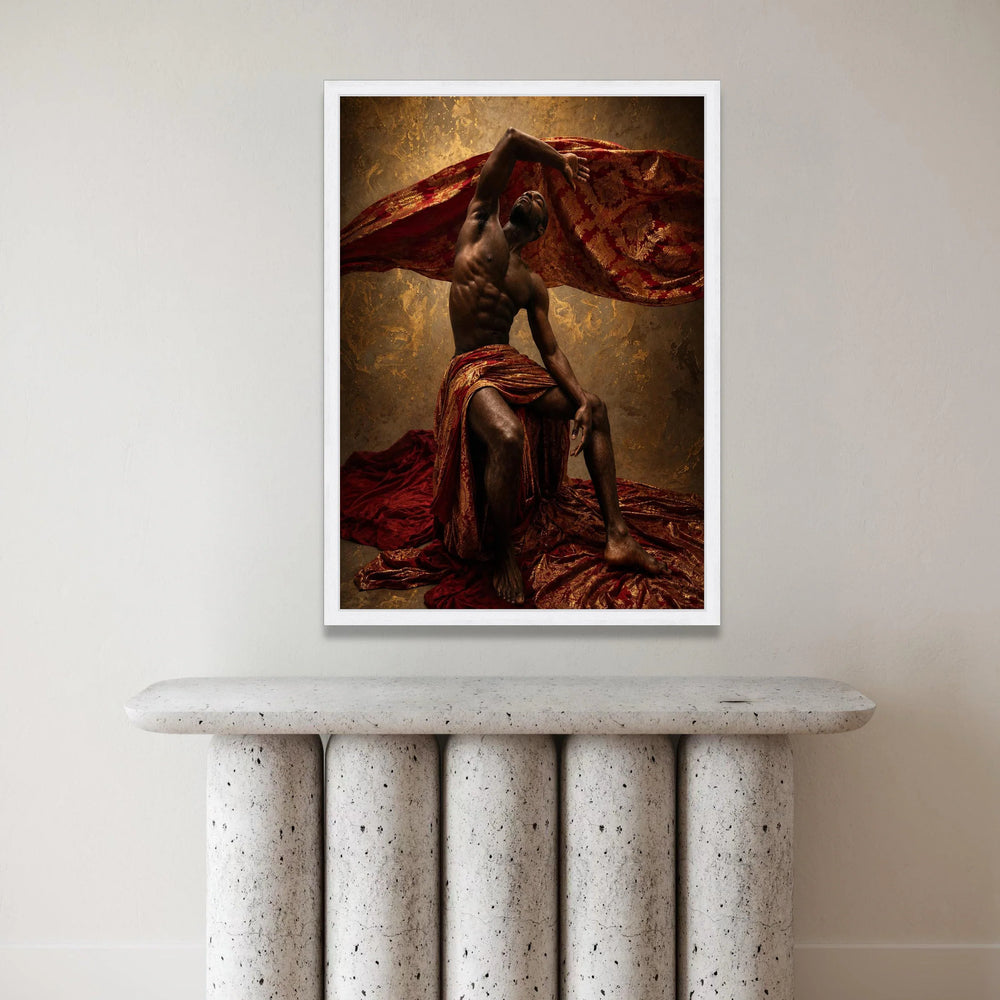 Elegant Male Figure Draped Red and Gold Fabric, Artistic Canvas Wall Art, Dramatic Pose Home Decoration, Statement Canvas Canvas Print Art