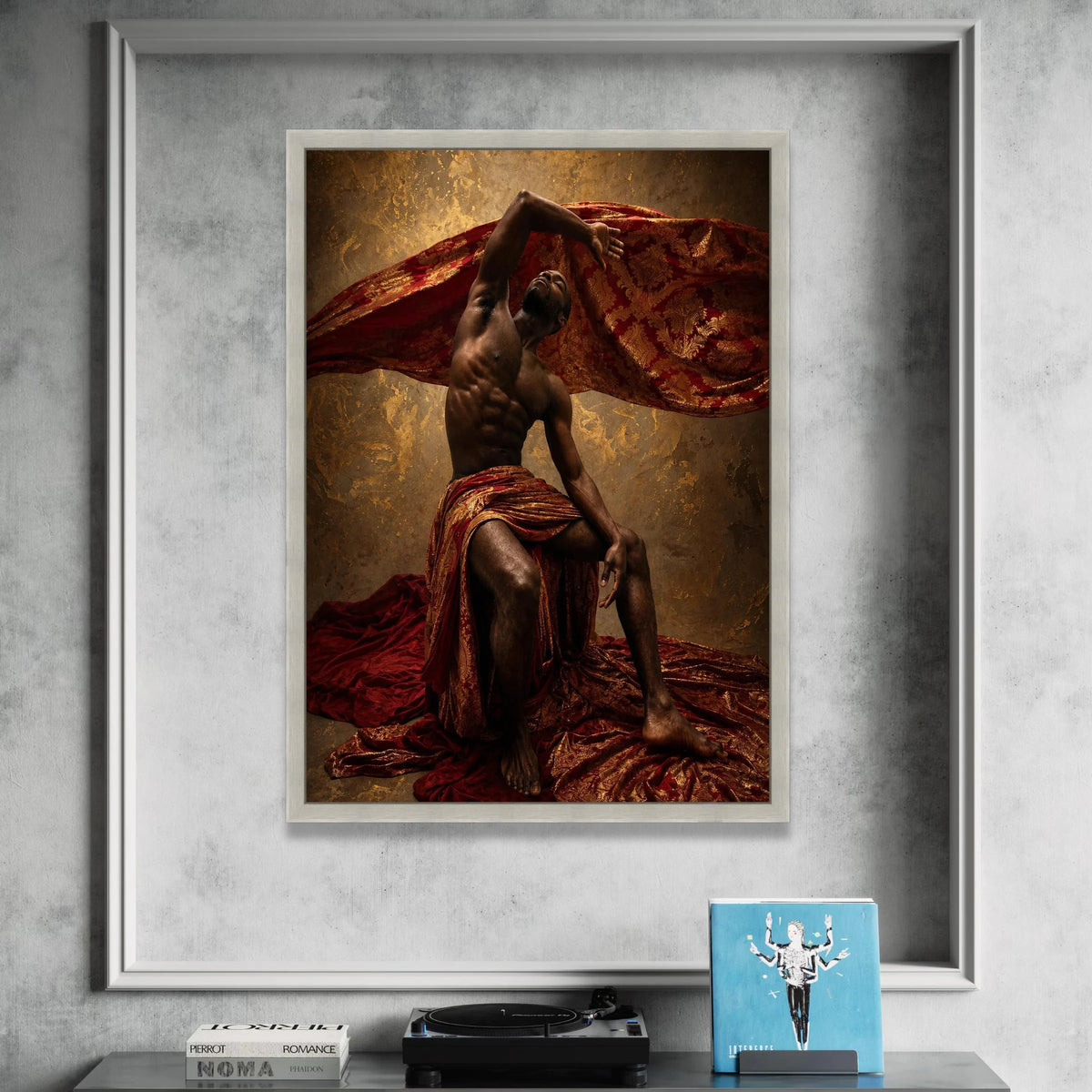 Elegant Male Figure Draped Red and Gold Fabric, Artistic Canvas Wall Art, Dramatic Pose Home Decoration, Statement Canvas Canvas Print Art