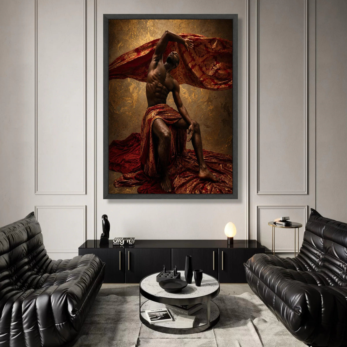 Elegant Male Figure Draped Red and Gold Fabric, Artistic Canvas Wall Art, Dramatic Pose Home Decoration, Statement Canvas Canvas Print Art