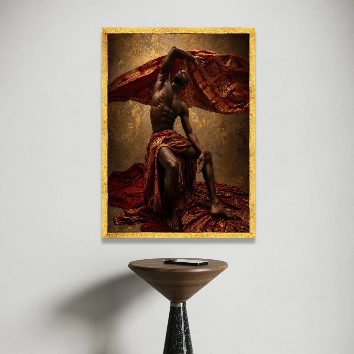 Elegant Male Figure Draped Red and Gold Fabric, Artistic Canvas Wall Art, Dramatic Pose Home Decoration, Statement Canvas Canvas Print Art