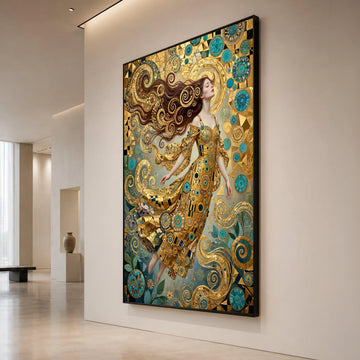 Elegant Woman Golden Dress, Spiral Motif Canvas, Decorative Art Prints, Modern Abstract Wall Art, Fantasy Home Decoration Canvas Print Art