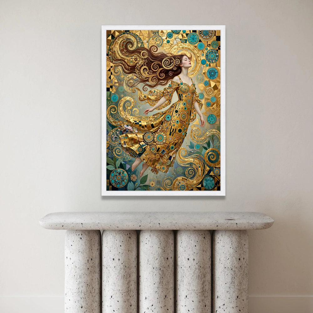Elegant Woman Golden Dress, Spiral Motif Canvas, Decorative Art Prints, Modern Abstract Wall Art, Fantasy Home Decoration Canvas Print Art