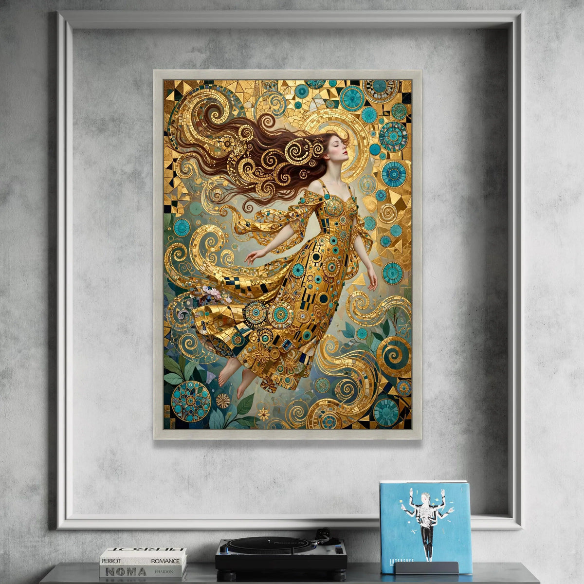 Elegant Woman Golden Dress, Spiral Motif Canvas, Decorative Art Prints, Modern Abstract Wall Art, Fantasy Home Decoration Canvas Print Art