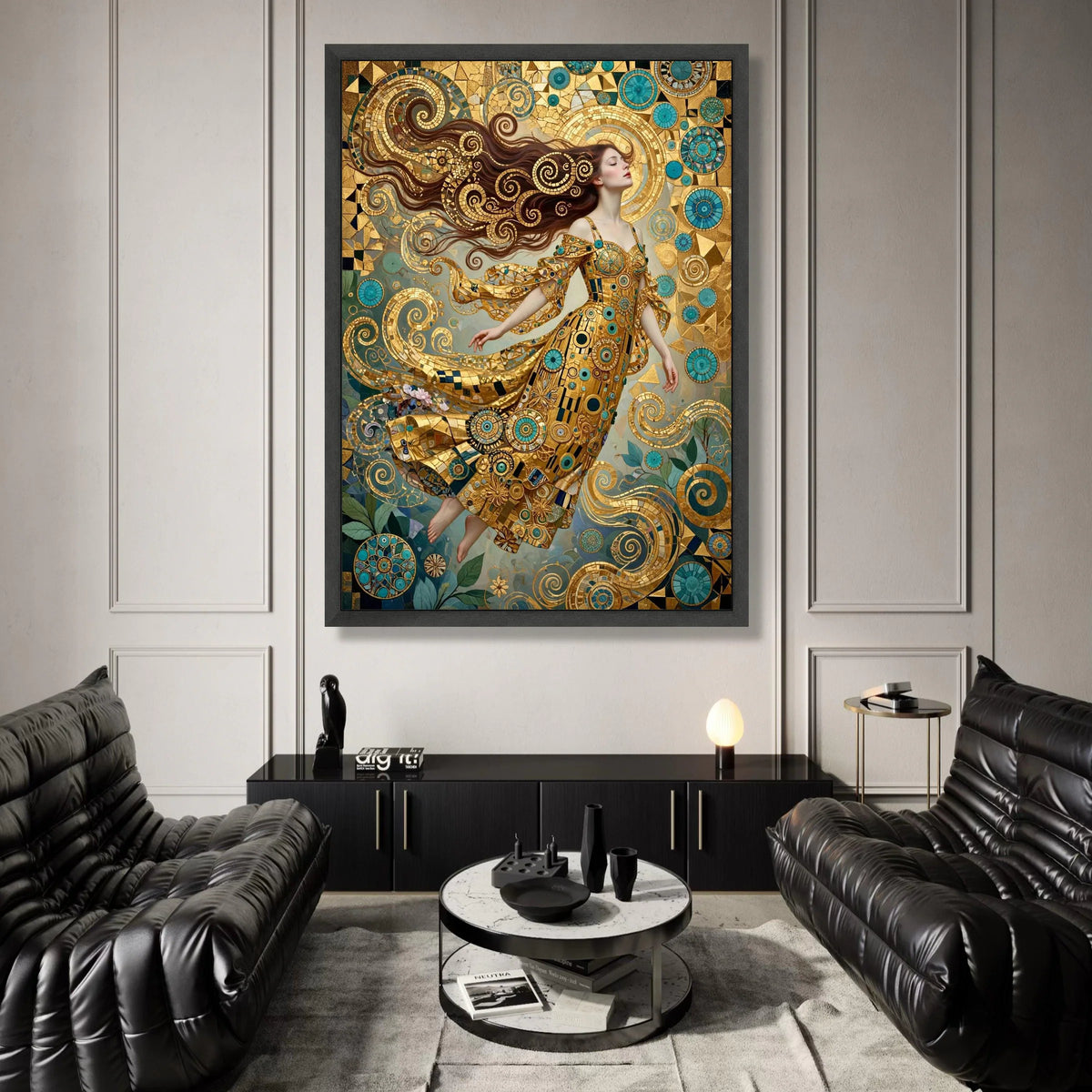 Elegant Woman Golden Dress, Spiral Motif Canvas, Decorative Art Prints, Modern Abstract Wall Art, Fantasy Home Decoration Canvas Print Art