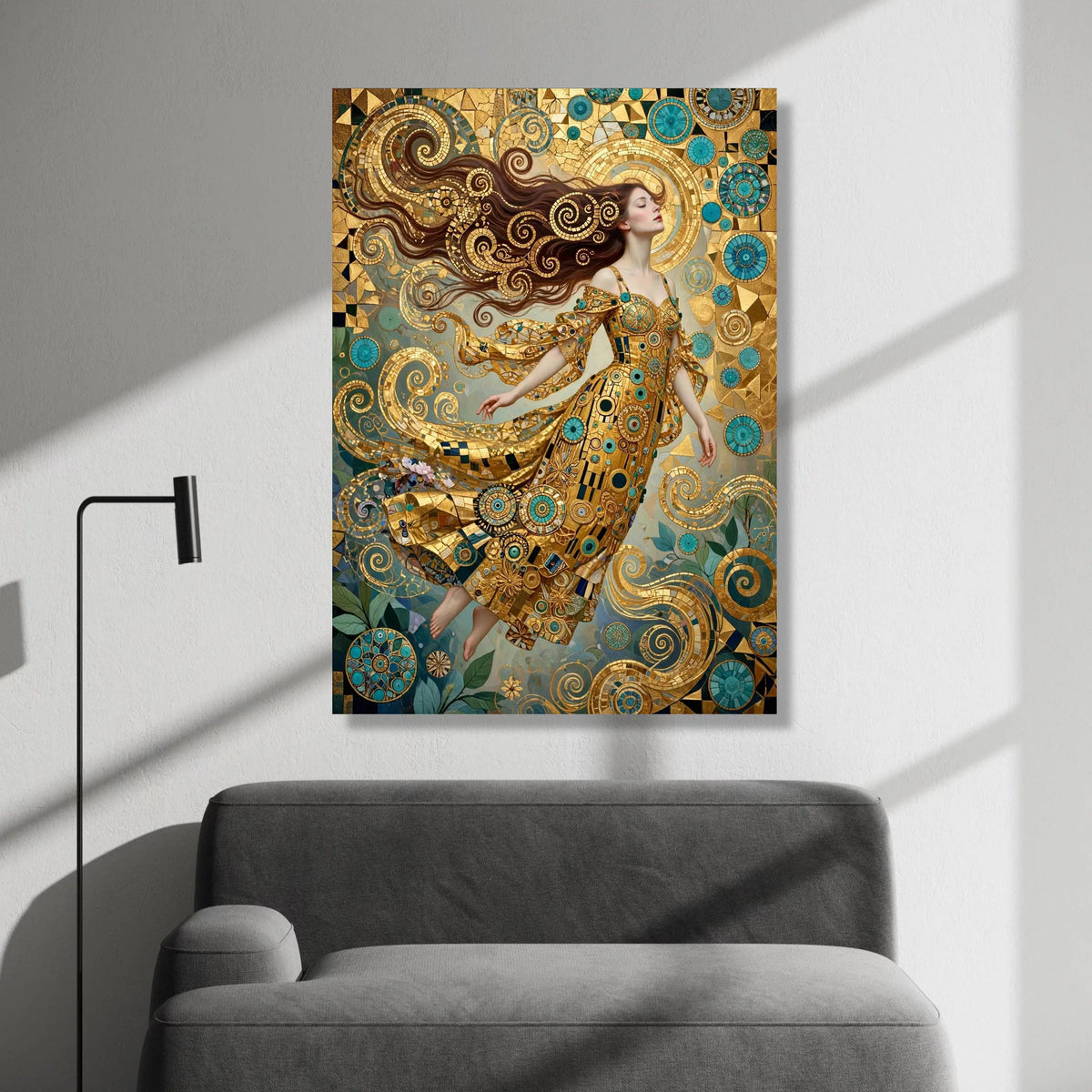 Elegant Woman Golden Dress, Spiral Motif Canvas, Decorative Art Prints, Modern Abstract Wall Art, Fantasy Home Decoration Canvas Print Art