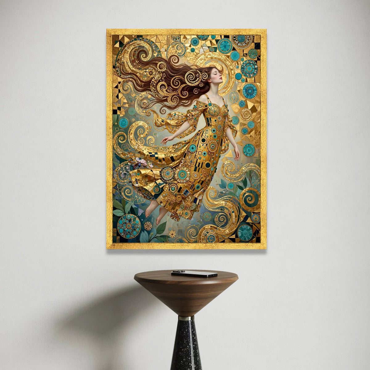Elegant Woman Golden Dress, Spiral Motif Canvas, Decorative Art Prints, Modern Abstract Wall Art, Fantasy Home Decoration Canvas Print Art