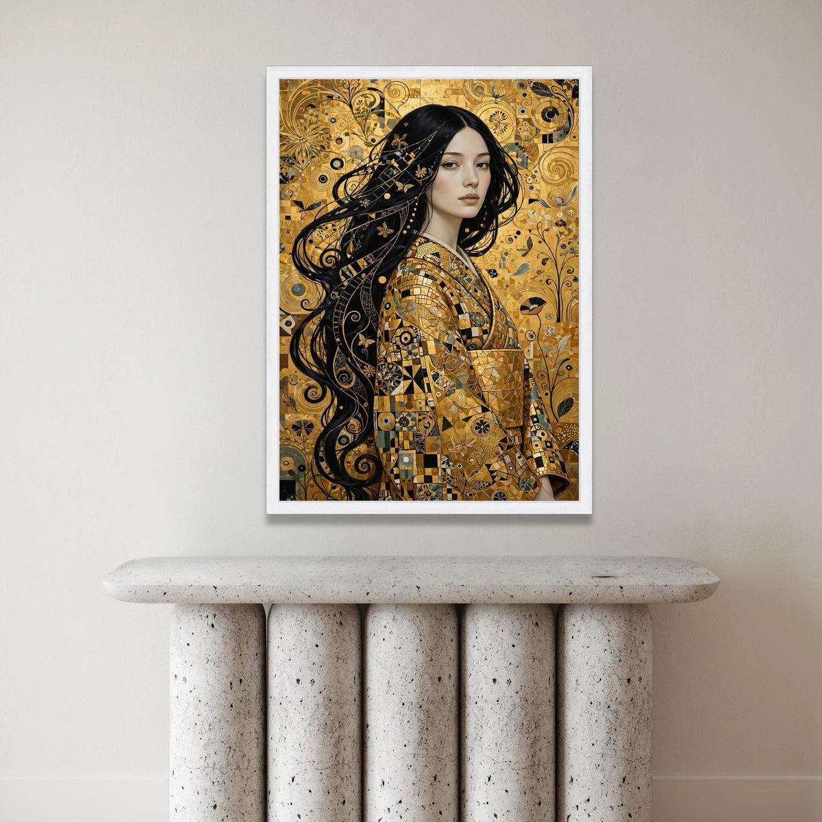 Elegant Woman Portrait, Golden Mosaic Kimono Canvas, Butterfly and Floral Wall Art, Contemporary Decorative Canvas, Canvas Print Art