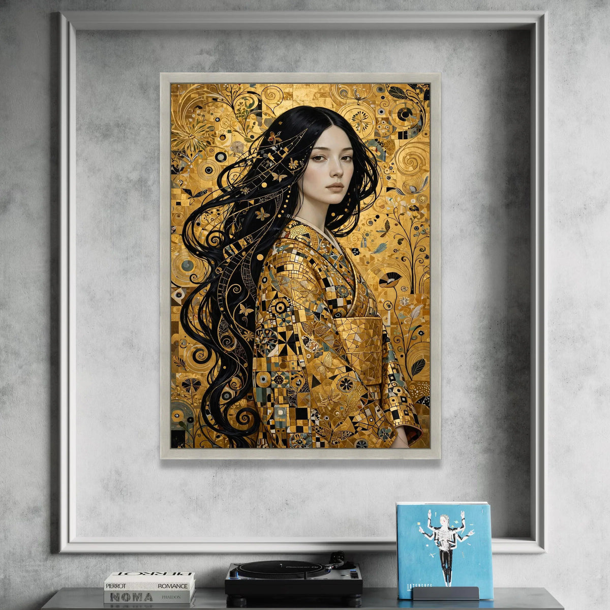 Elegant Woman Portrait, Golden Mosaic Kimono Canvas, Butterfly and Floral Wall Art, Contemporary Decorative Canvas, Canvas Print Art