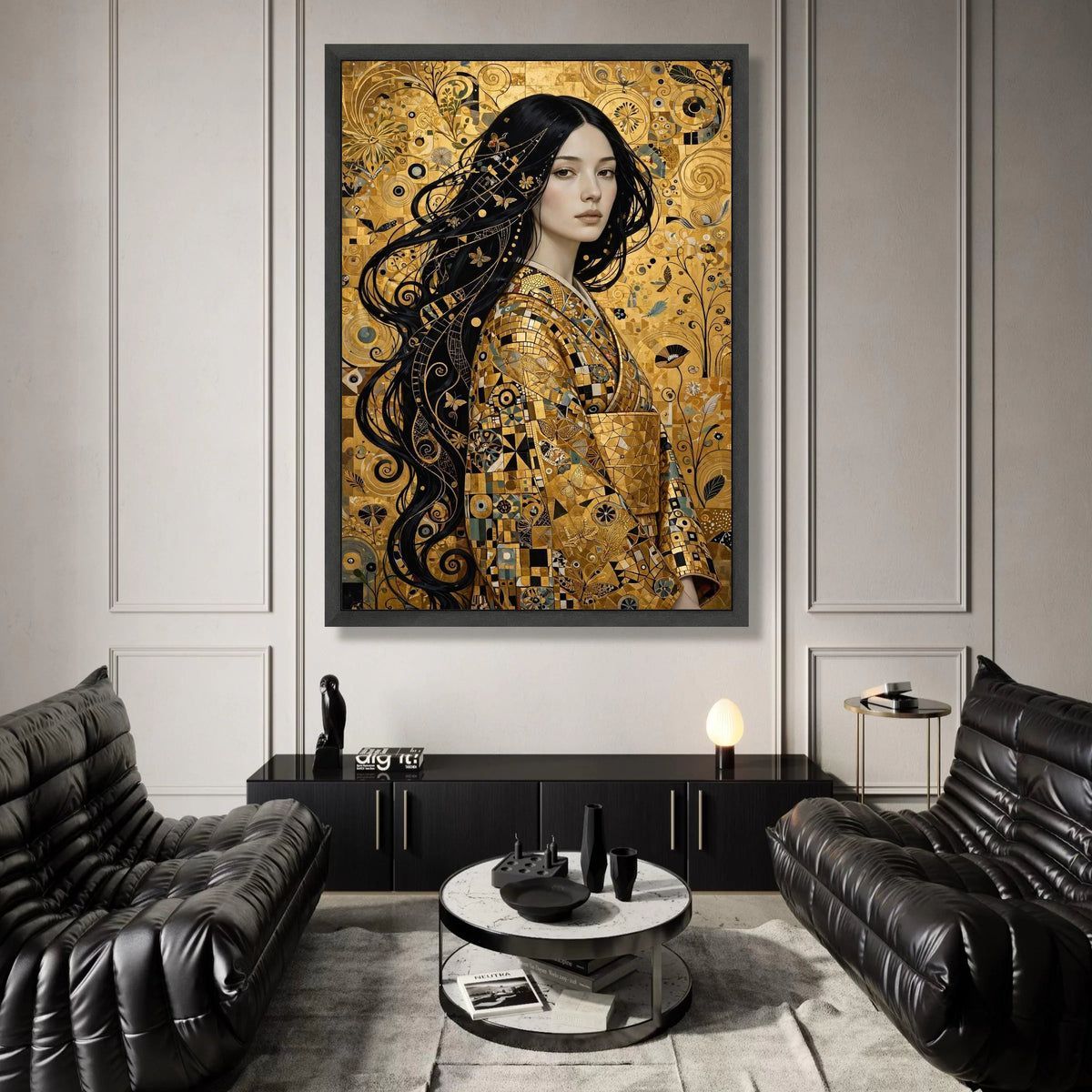 Elegant Woman Portrait, Golden Mosaic Kimono Canvas, Butterfly and Floral Wall Art, Contemporary Decorative Canvas, Canvas Print Art