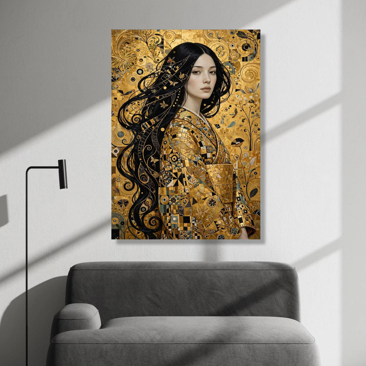Elegant Woman Portrait, Golden Mosaic Kimono Canvas, Butterfly and Floral Wall Art, Contemporary Decorative Canvas, Canvas Print Art