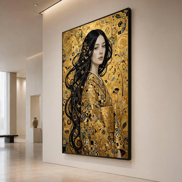 Elegant Woman Portrait, Golden Mosaic Kimono Canvas, Butterfly and Floral Wall Art, Contemporary Decorative Canvas, Canvas Print Art
