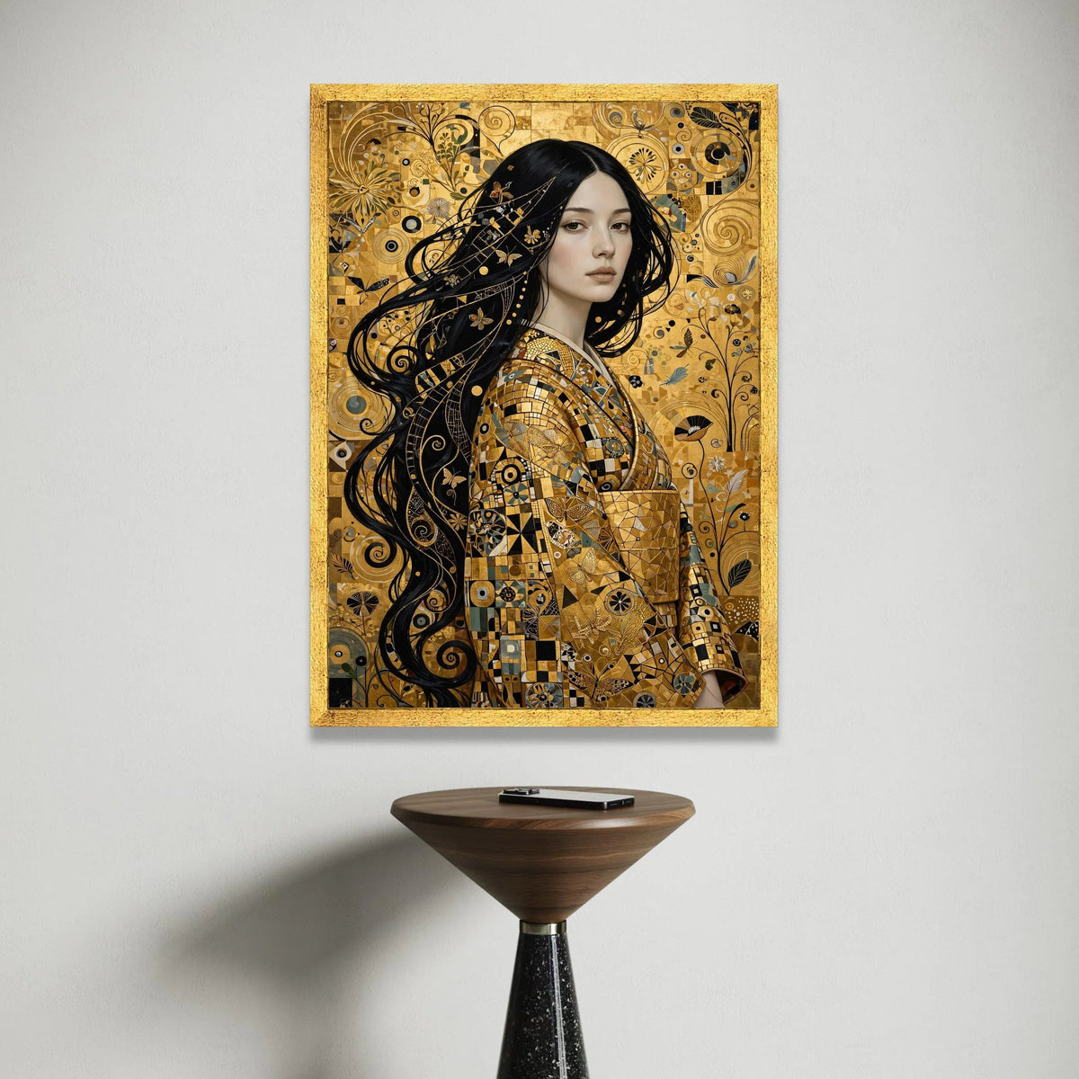 Elegant Woman Portrait, Golden Mosaic Kimono Canvas, Butterfly and Floral Wall Art, Contemporary Decorative Canvas, Canvas Print Art