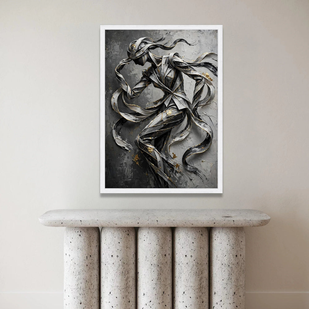 Abstract Ribbon Figure, Flowing Lines Canvas Wall Art, Modern Sculpture Design, Black and Gray Canvas, Metallic Accent Wall Canvas Print Art