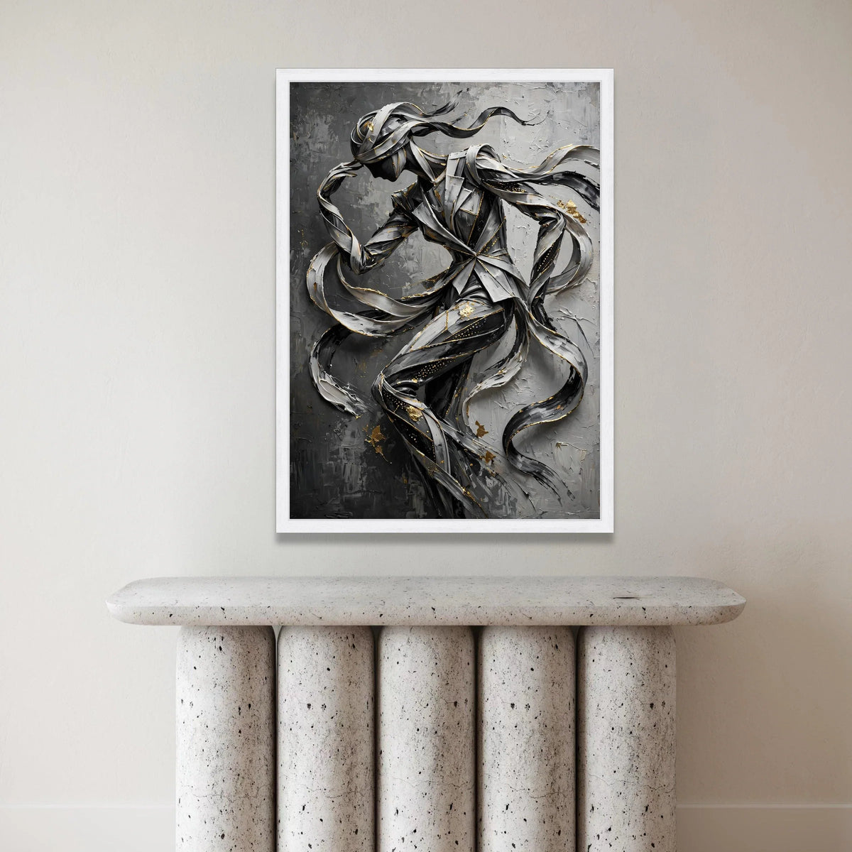 Abstract Ribbon Figure, Flowing Lines Canvas Wall Art, Modern Sculpture Design, Black and Gray Canvas, Metallic Accent Wall Canvas Print Art