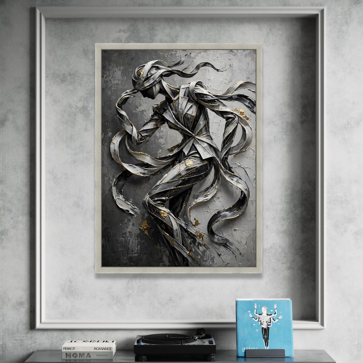 Abstract Ribbon Figure, Flowing Lines Canvas Wall Art, Modern Sculpture Design, Black and Gray Canvas, Metallic Accent Wall Canvas Print Art