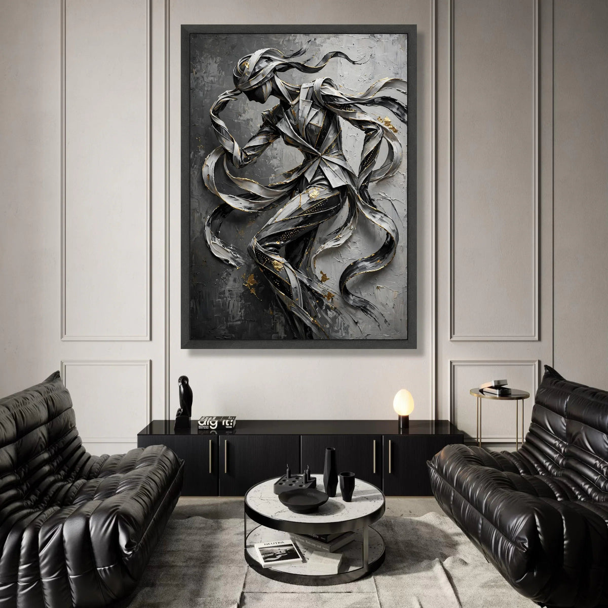 Abstract Ribbon Figure, Flowing Lines Canvas Wall Art, Modern Sculpture Design, Black and Gray Canvas, Metallic Accent Wall Canvas Print Art