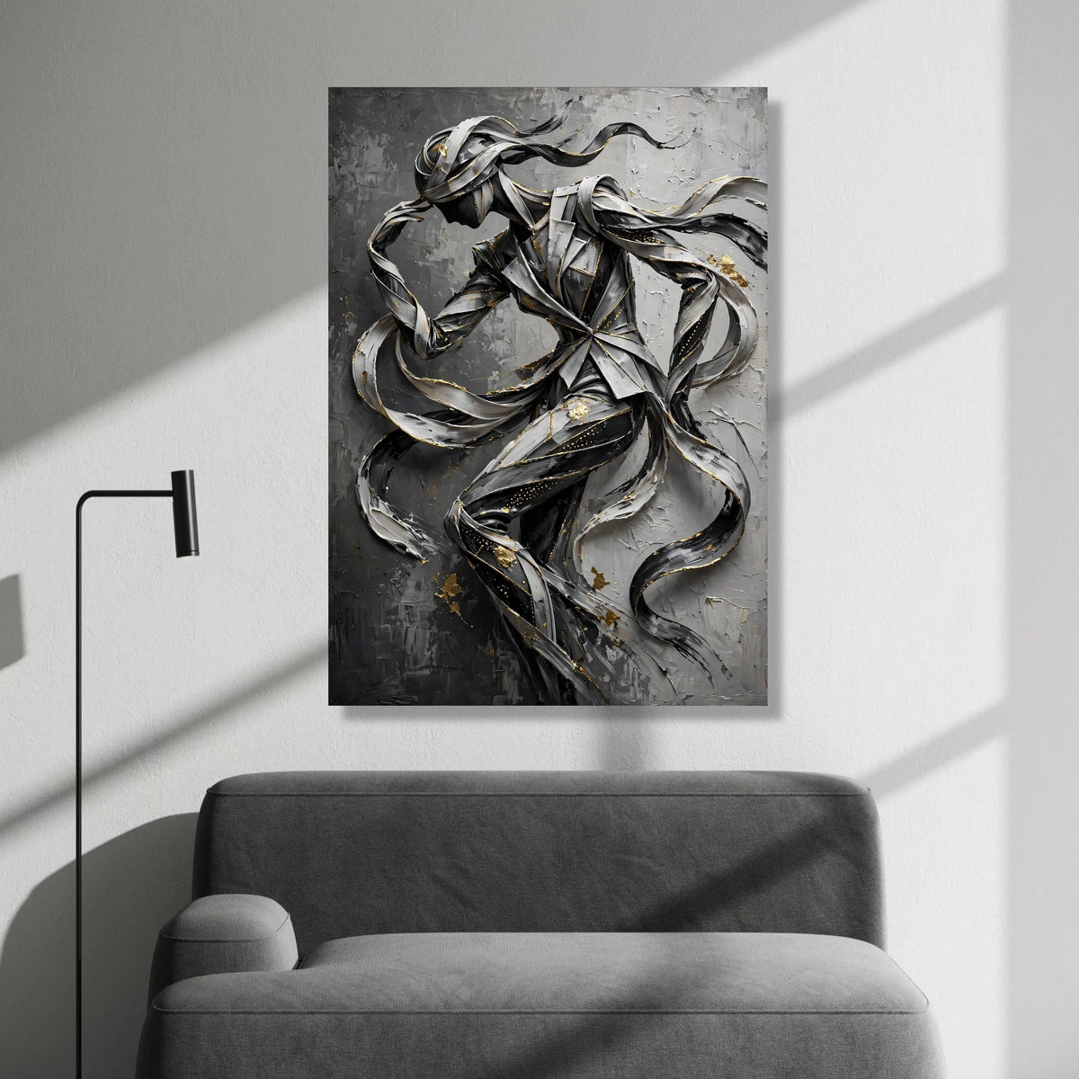 Abstract Ribbon Figure, Flowing Lines Canvas Wall Art, Modern Sculpture Design, Black and Gray Canvas, Metallic Accent Wall Canvas Print Art