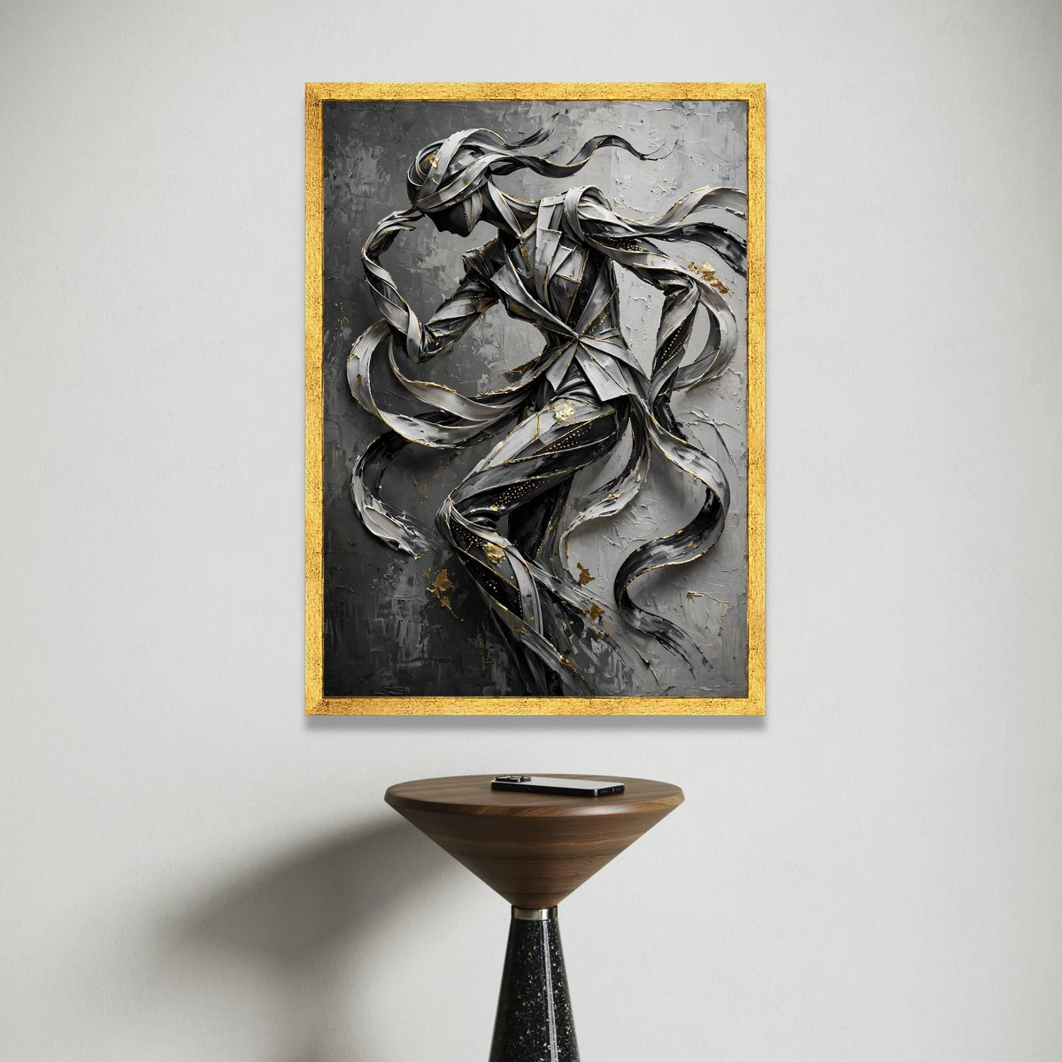 Abstract Ribbon Figure, Flowing Lines Canvas Wall Art, Modern Sculpture Design, Black and Gray Canvas, Metallic Accent Wall Canvas Print Art