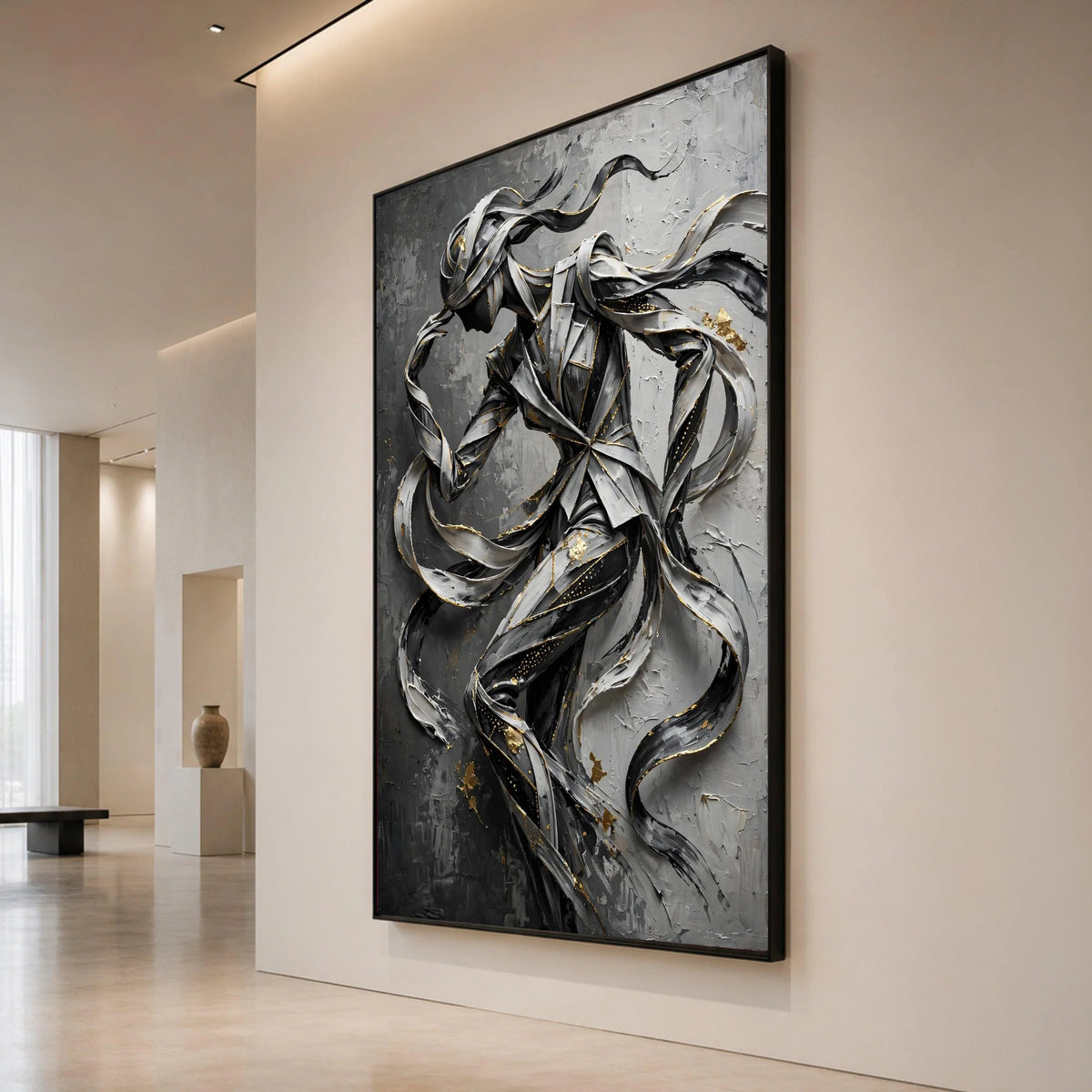 Abstract Ribbon Figure, Flowing Lines Canvas Wall Art, Modern Sculpture Design, Black and Gray Canvas, Metallic Accent Wall Canvas Print Art