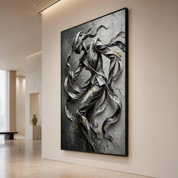 Abstract Ribbon Figure, Flowing Lines Canvas Wall Art, Modern Sculpture Design, Black and Gray Canvas, Metallic Accent Wall Canvas Print Art