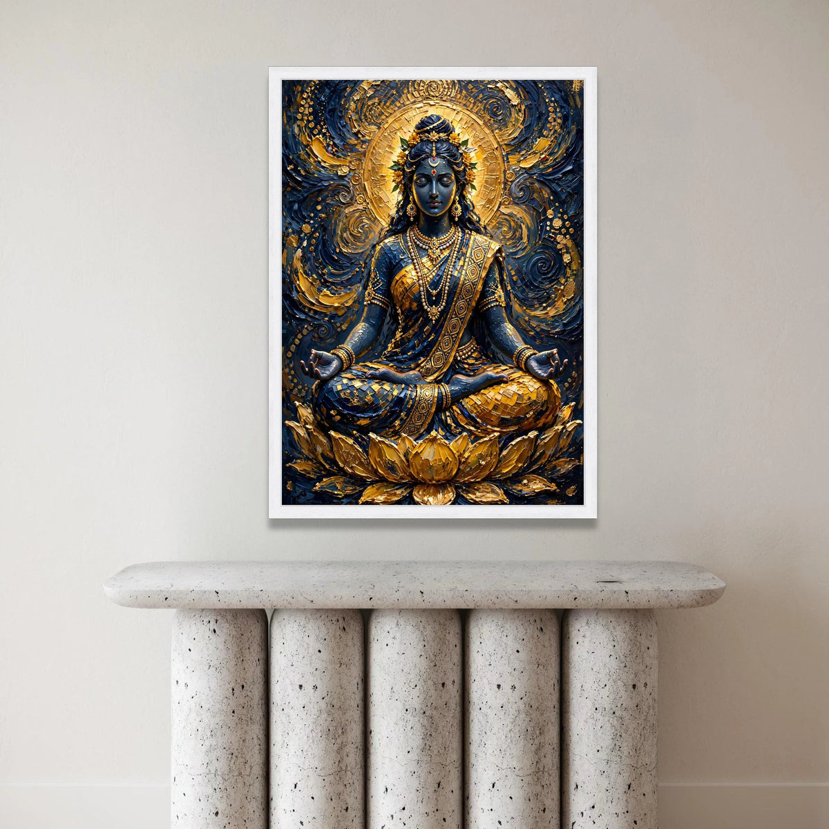 Meditative Goddess Canvas Wall Art, Spiritual Meditation Decor, Golden Lotus Artwork, Ethnic Indian Style Canvas, Sacred Canvas Print Art