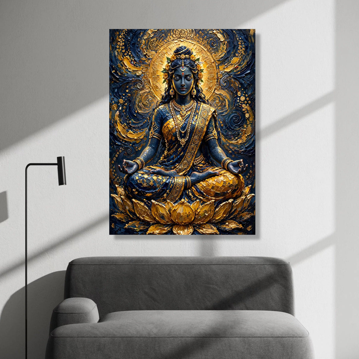 Meditative Goddess Canvas Wall Art, Spiritual Meditation Decor, Golden Lotus Artwork, Ethnic Indian Style Canvas, Sacred Canvas Print Art