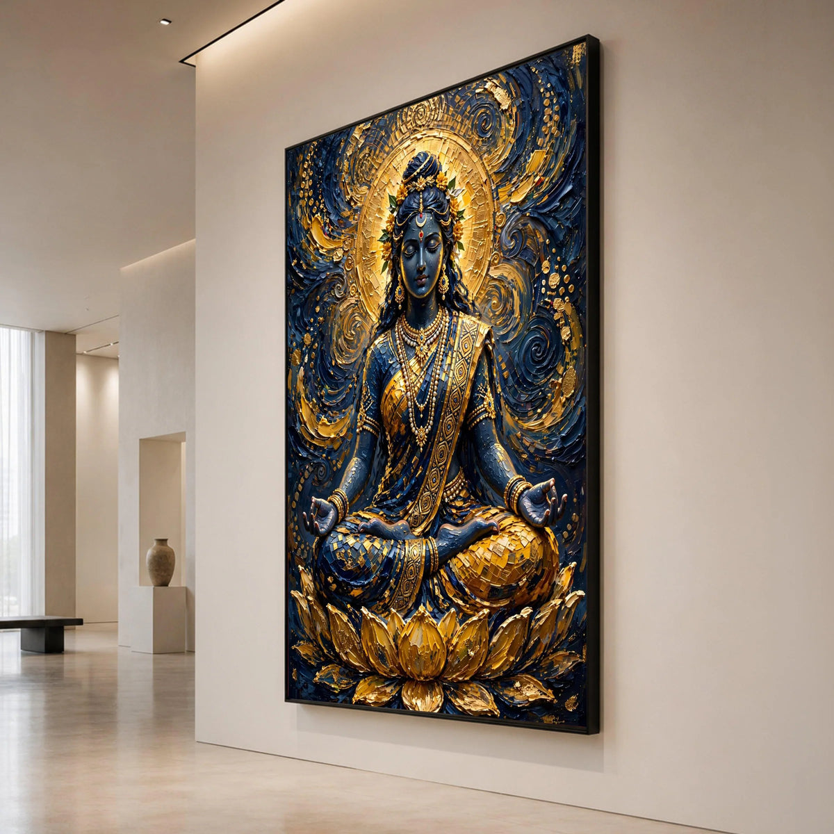 Meditative Goddess Canvas Wall Art, Spiritual Meditation Decor, Golden Lotus Artwork, Ethnic Indian Style Canvas, Sacred Canvas Print Art